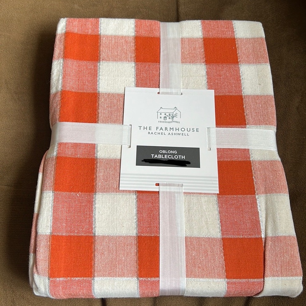 Farmhouse Rachel Ashwell Tablecloth Plaid Fall New 60”x 104” Lurex Rust Orange - Picture 1 of 2